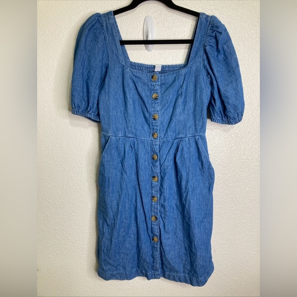 Old Navy Dress Sz S Puff Sleeve Square Neck Denim Button Front Western Cowgirl - Picture 1 of 3